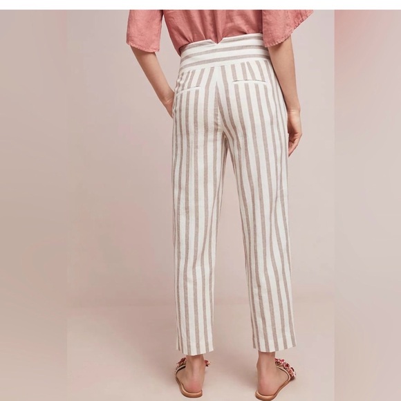 Anthropologie Beige and White Striped Linen Cotton Belted Chino Trousers Size 4 - Picture 2 of 14